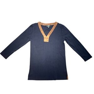 Lauren Ralph Lauren Navy/Tan 3/4 Sleeve V-neck Tee Size Medium